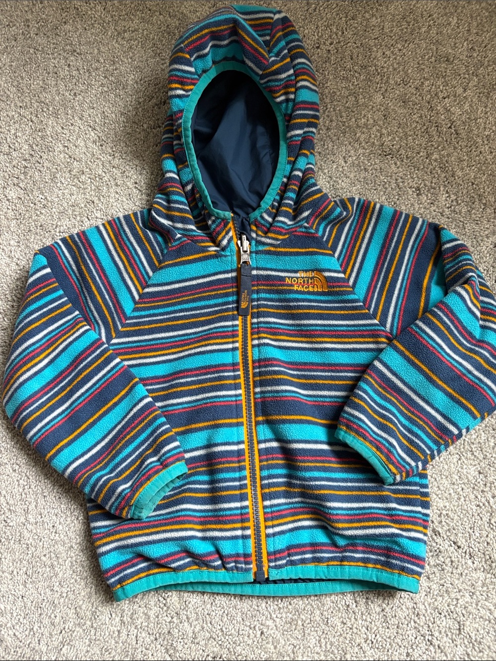 The North Face toddler reversible Striped Hooded Fleece Jacket - Teal Multi 2T